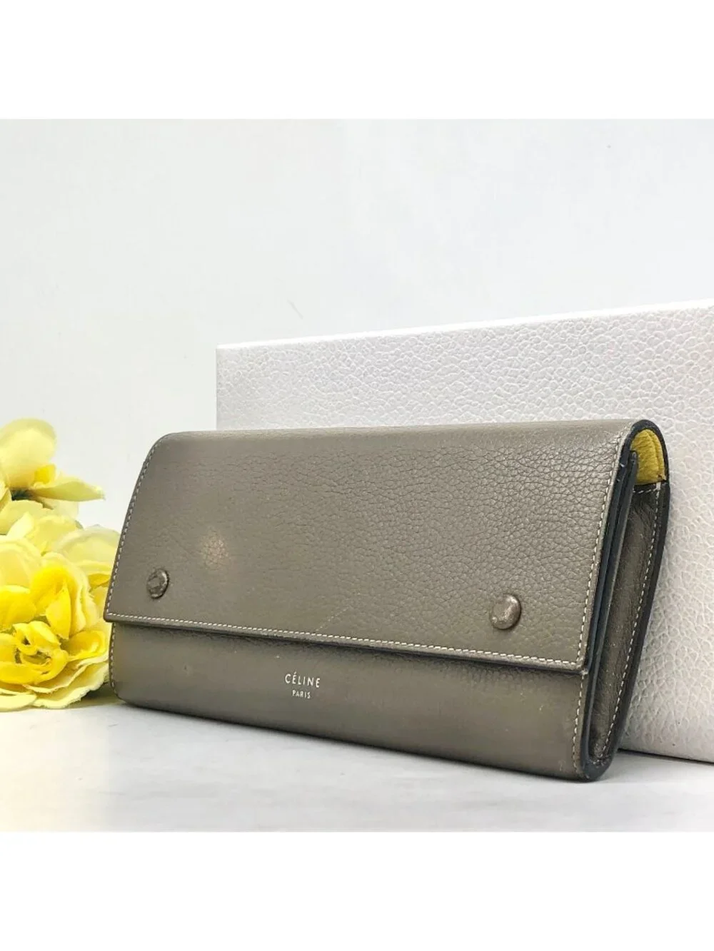 Celine Bifold Wallet Multi Function Large Flap Leather Khaki
